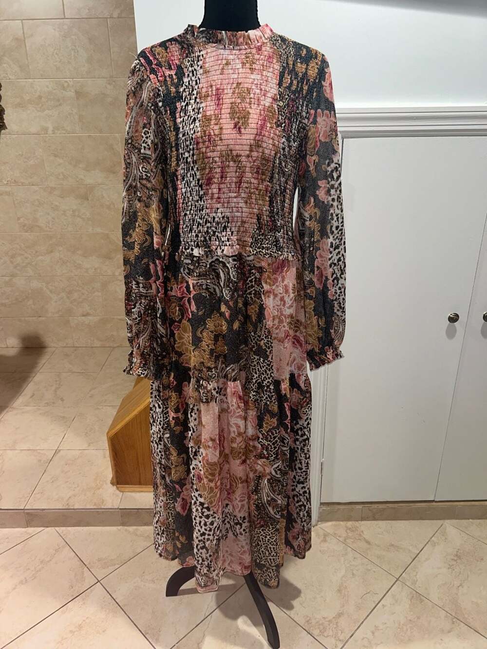 Sage Women's Long Sleeve Smocked Maxi Dress in Mixed Animal and Floral Print